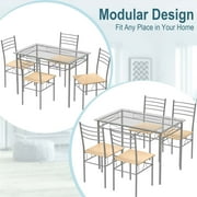 Costway 5 Piece Dining Set Table and 4 Chairs Glass Top Kitchen Breakfast Furniture Brown