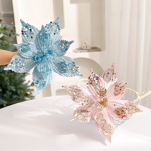 mfyjkho Decoración De Magnolia Con Purpurina Para Árbol De Navidad Y Corona, Material De Tela, Rosa Y Azul, 1 Pieza