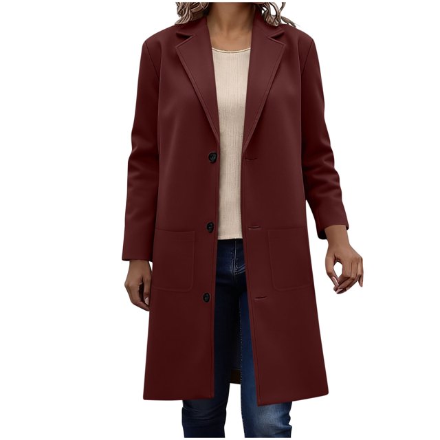 WRKEKC Coats for Women Long Sleeve Solid Color Button Multi Pocket Wool Blend Long Jacket Top for Daily Appeal and Functional Design