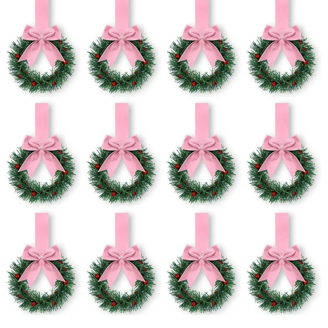 Naiovety 12 coronas navideñas vintage con mini coronas, decoración navideña pequeña para la cocina. Para ventanas, Navidad Kits de decoración para fiestas Rosa 12 Uds.