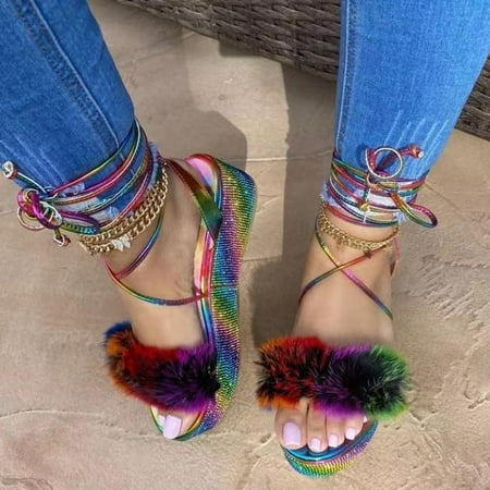 

HIBRO Women s Fashion Multicolor Crystal Platforms Wedges Ankle Strap Sandals Shoes