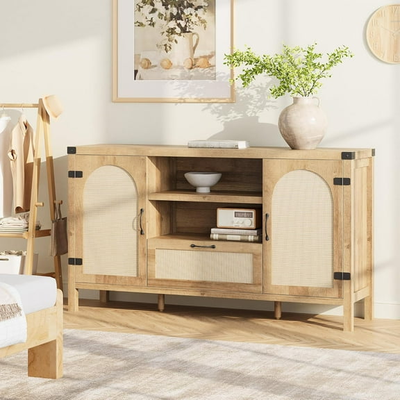 Ataucjin 47.2” Rattan Sideboard Buffet Cabinet,Farmhouse Kitchen Storage Cabinet,Boho Buffet Table Wooden Coffee Bar Cabinet with Doors and Adjustable Shelves for Kitchen Dining Room
