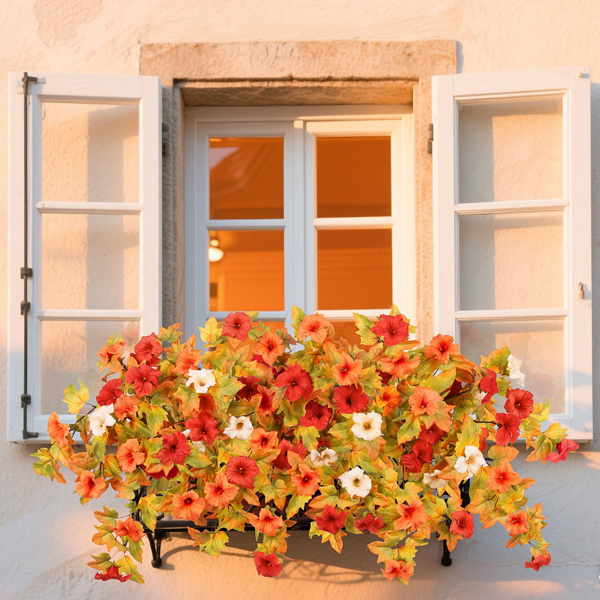 TETOU 2Pcs Artificial Fake Fall Flower for Outdoor, Faux Petunias Silk Flower UV Resistant No Fade for Fall Halloween Thanksgiving  Garden Balcony Yard Porch  Indoor Outdoor Decoration (Orange White)