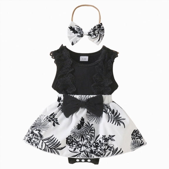 Sopiago Toddler Girl Clothes 0-18 Months Summer Clothes Set Cute Romper Dress Ruffle Sleeveless with Headband Set Clothes for Infant Girls Black,12-18 Months