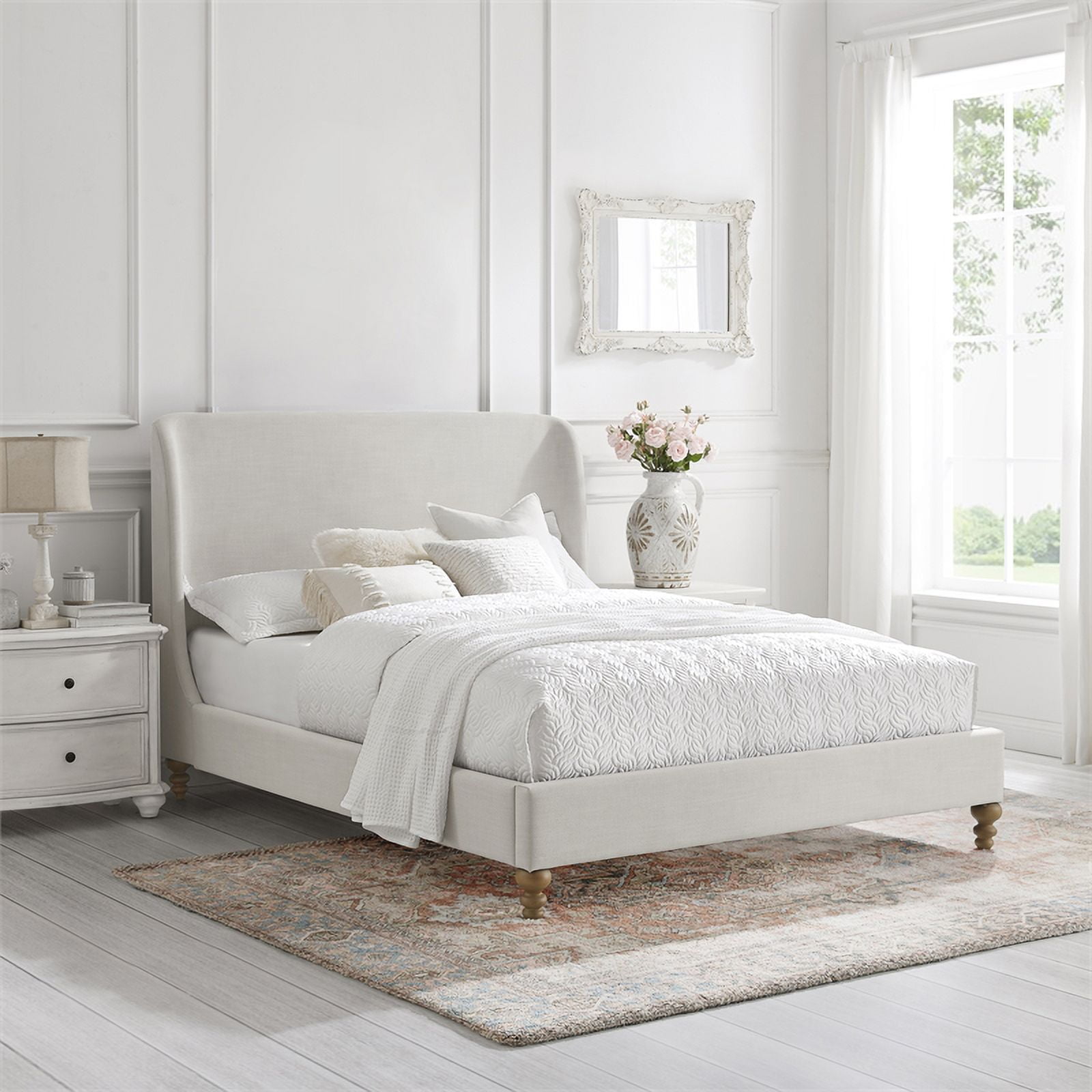 White linen upholstered bed discount