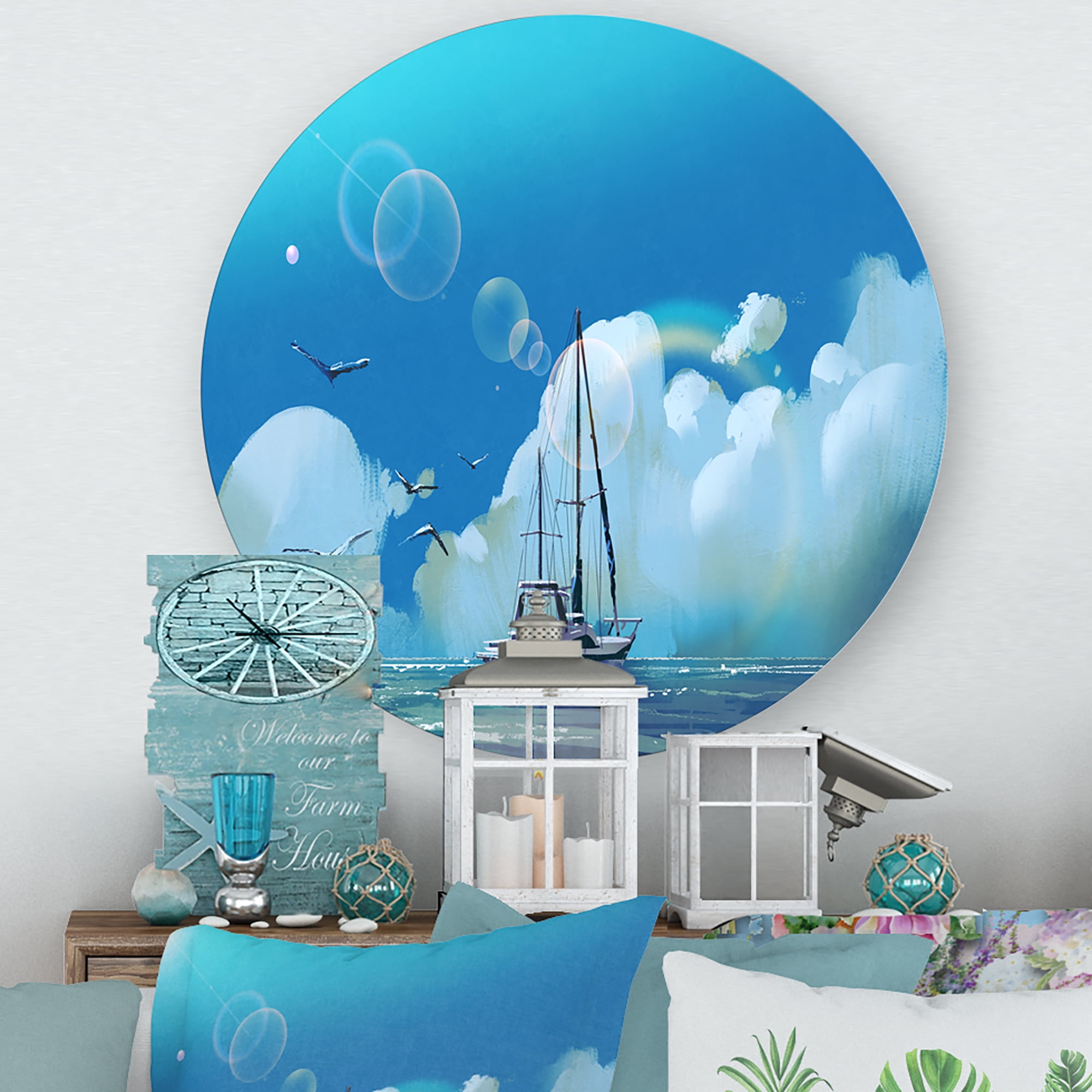Designart 'The Sailboat On The Blue Sea Against Summer Clouds Sky' Nautical & Coastal Circle Metal Wall Art 23x23 - Disc of 23