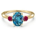 thumbnail image 3 of Gem Stone King 10K Yellow Gold London Blue Topaz and Red Created Ruby 3-Stone Ring for Women | 1.78 Cttw | Oval 8X6MM | Gemstone November Birthstone | Size 8, 3 of 6