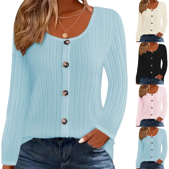 Zyekqe Long Sleeve Tops for Women Scoop Neck Buttons Striped Casual Loose Fitted Solid Color Tunic Tops