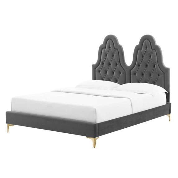Tufted Platform Bed Frame, Twin Size, Velvet, Dark Grey Gray, Modern Contemporary Urban Design, Bedroom Master Guest Suite