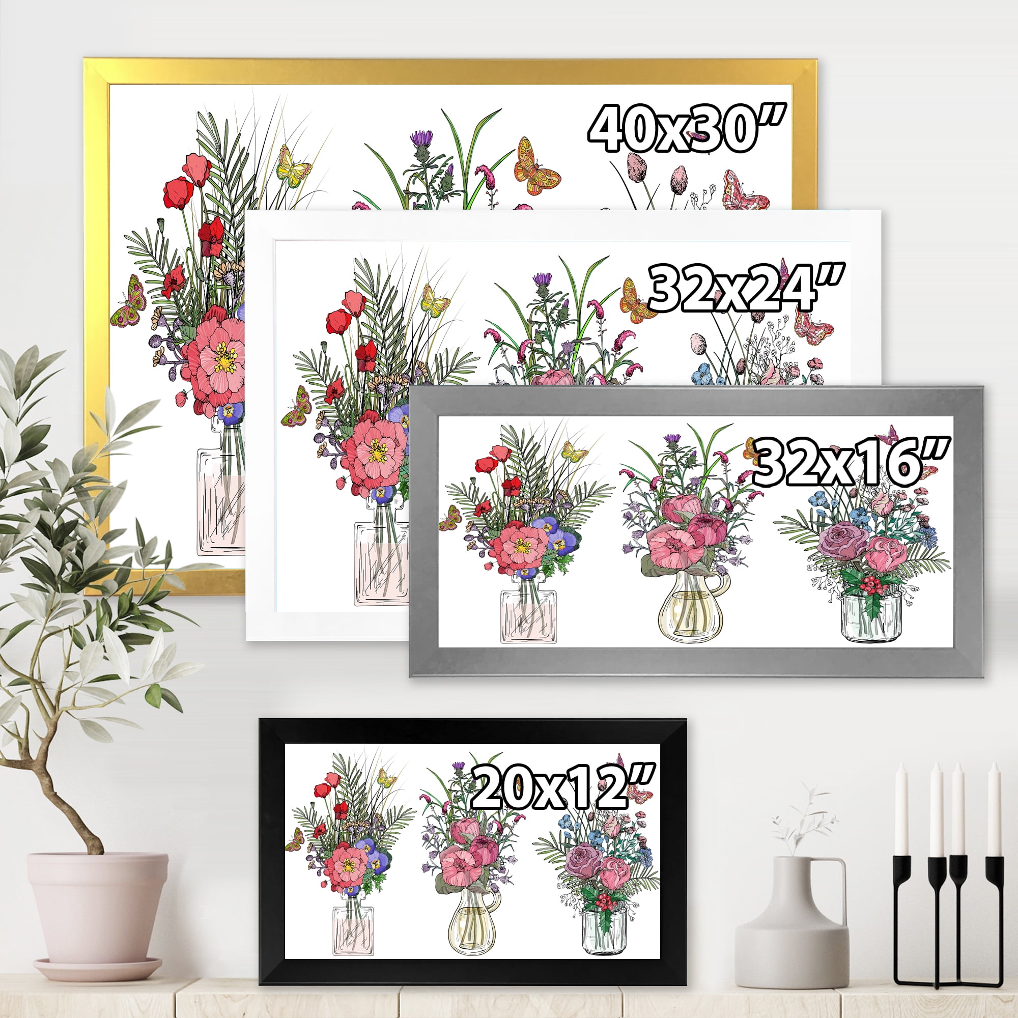 Designart 'Transparent Vases With Bouquets of Wildflowers II' Farmhouse Framed Art Print