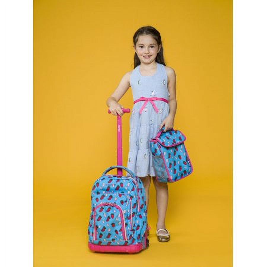 J World Girls Lollipop 16" Kids Rolling Backpack with Insulated Lunch Bag for School and Travel, Pink Buttons