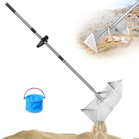 Beach Sand Sieve Shovel Adjustable Handle - 3PCS Stainless Steel 133 cm 20 x 40 cm