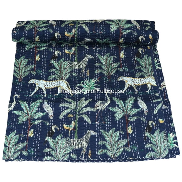 Indian Handmade Animal Print Cotton kantha Quilt, Village art gudri,Hand Stitch Quilt ,Bedspread, Blanket Size ( Single 60" x 90" )