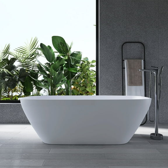 MEDUNJESS 67" Resin Stone Freestanding Bathtub, Solid Surface Bathtub Modern Design Stand Alone Tub with Drain and Overflow, Matte White