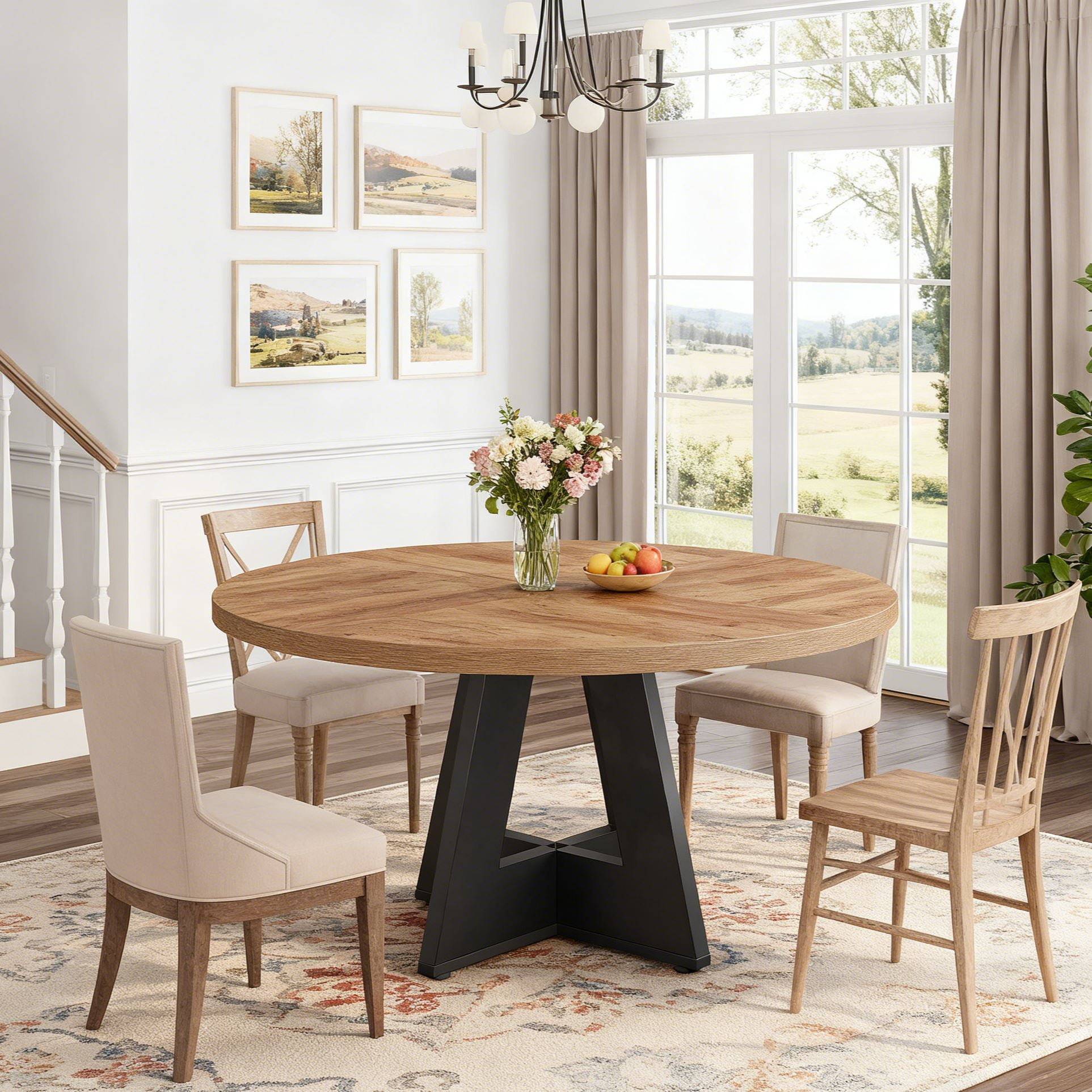 Fnova 47" Coffee Table, Round Dining Table for 4 People, Modern Farmhouse Wooden Kitchen Table, Living Room, Black Brown (Chairs Not Included)