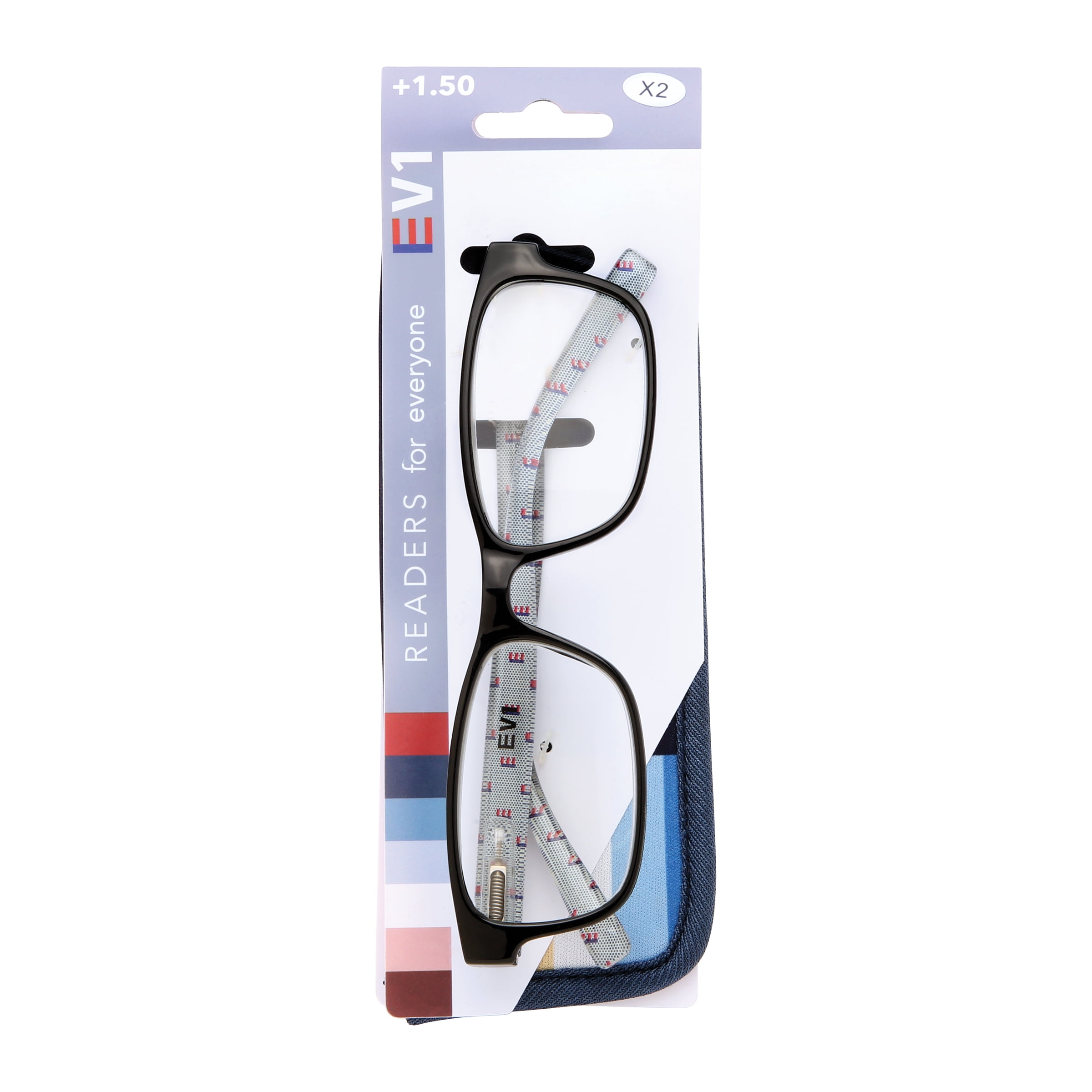 (2 pack) EV1 Skylar Black +1.50 Reading Glasses with Case