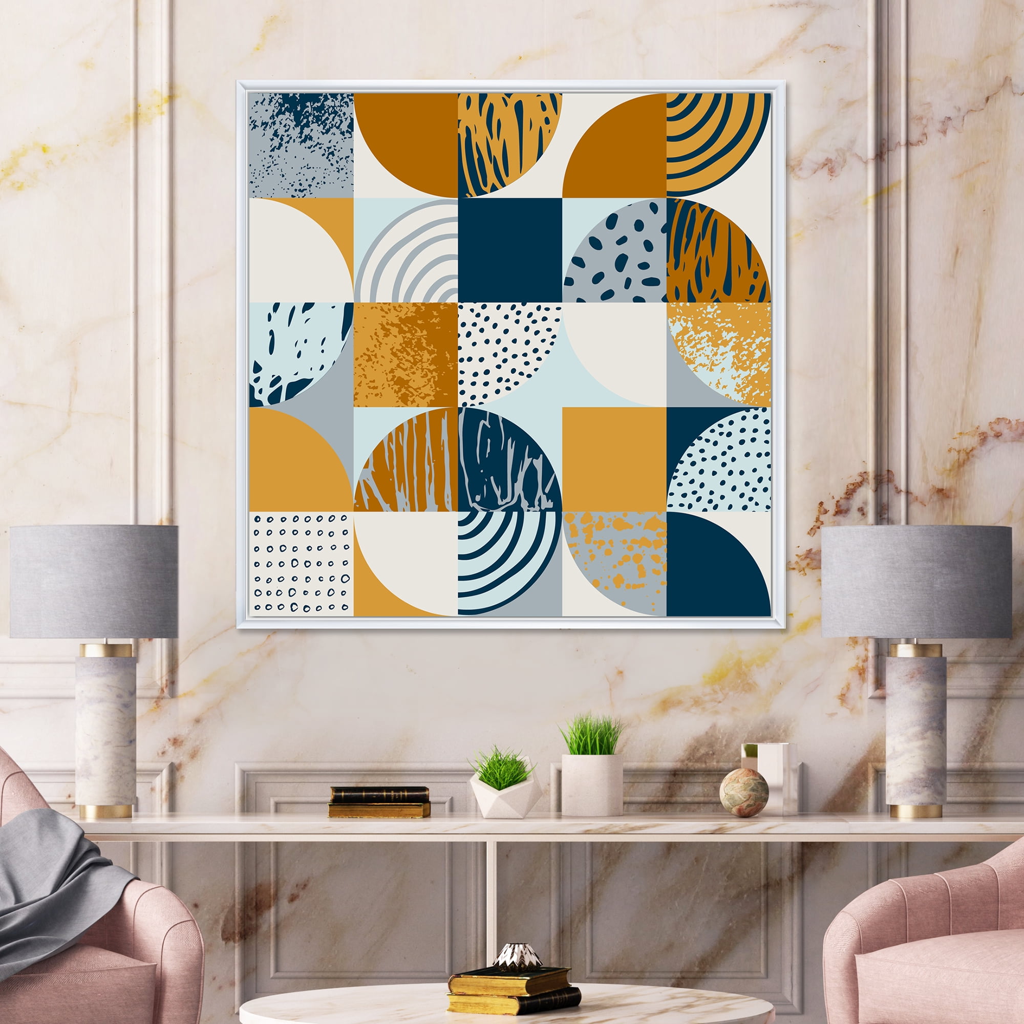 Designart 'Retro Semicircles Squares and Circles' Modern Framed Canvas Wall Art Print