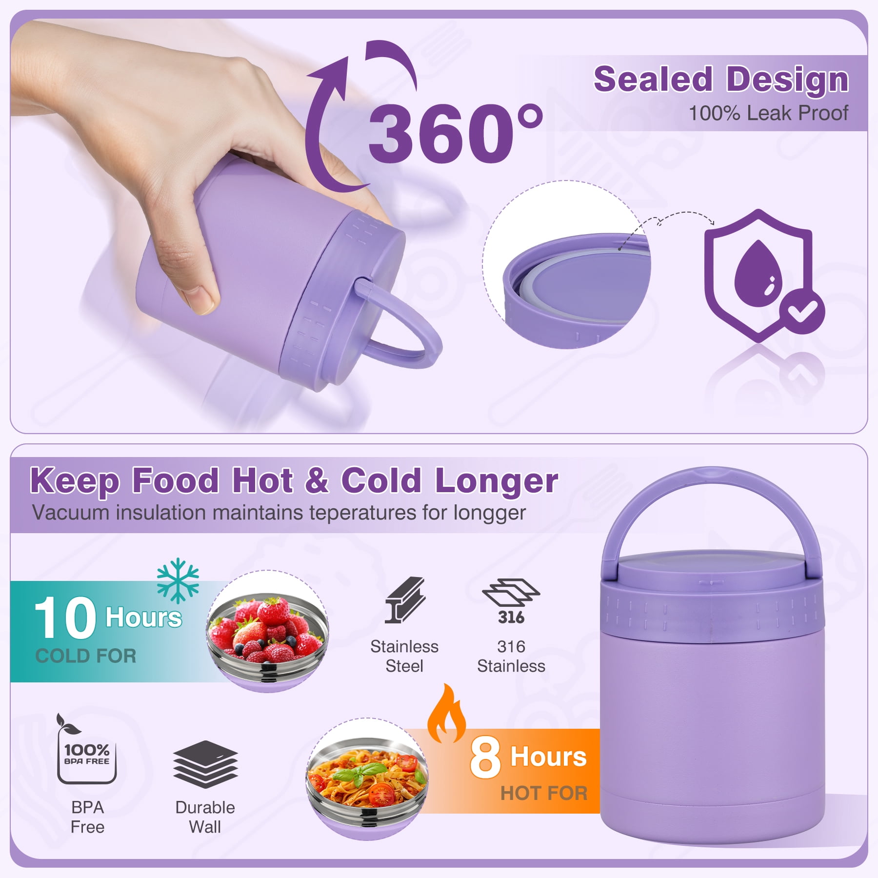 Bento Lunch Box Set with 10.5oz Soup Thermo for Adults Kids, Leak-proof Food Jar Lunch Container with 4 Compartment, Stainless Steel Coffee Tumbler with Lunch Bag for School Travel Office Purple