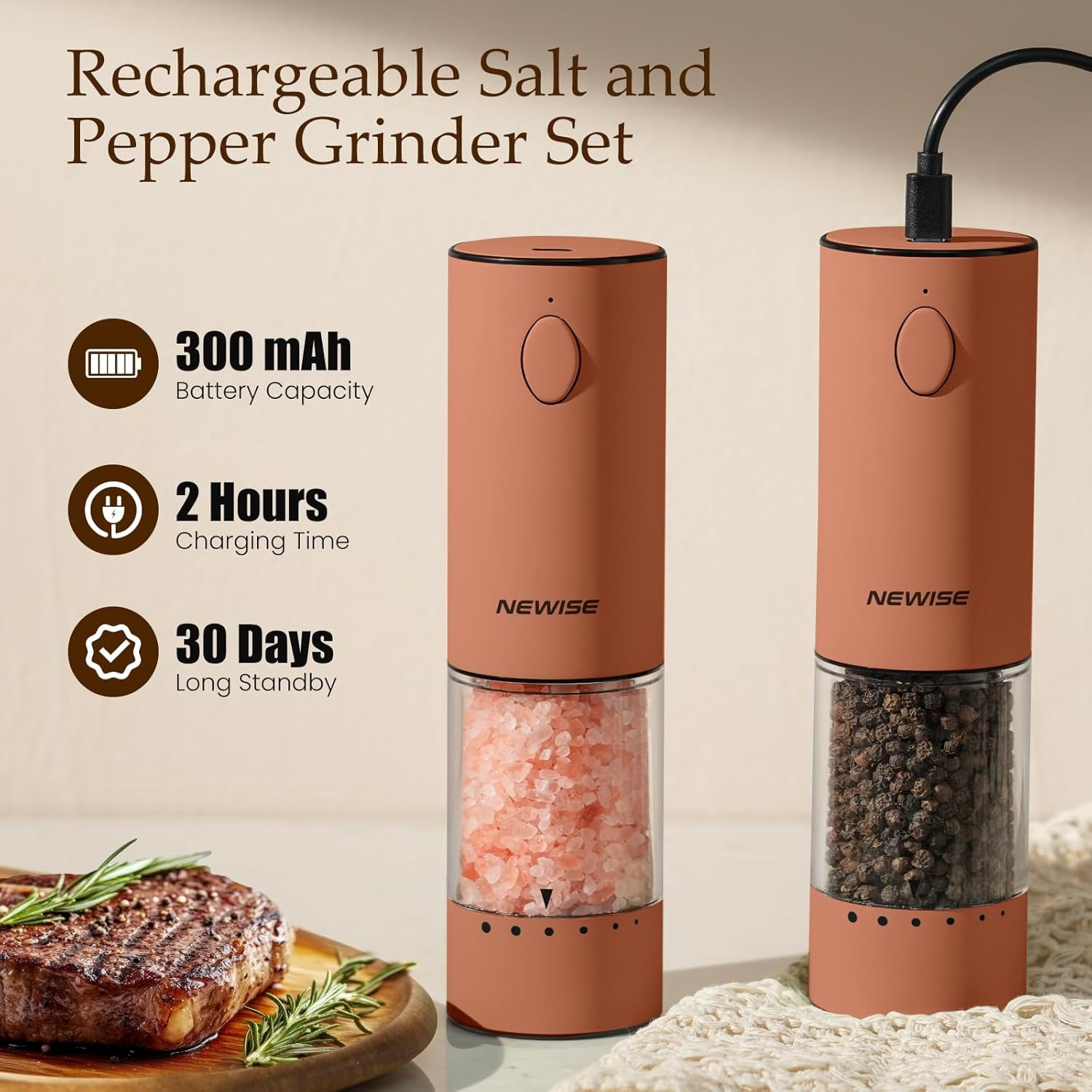 Electric Salt and Pepper Grinder Set with LED Lights, Rechargeable Automatic Mill, Adjustable Coarseness, Large Capacity for Kitchen