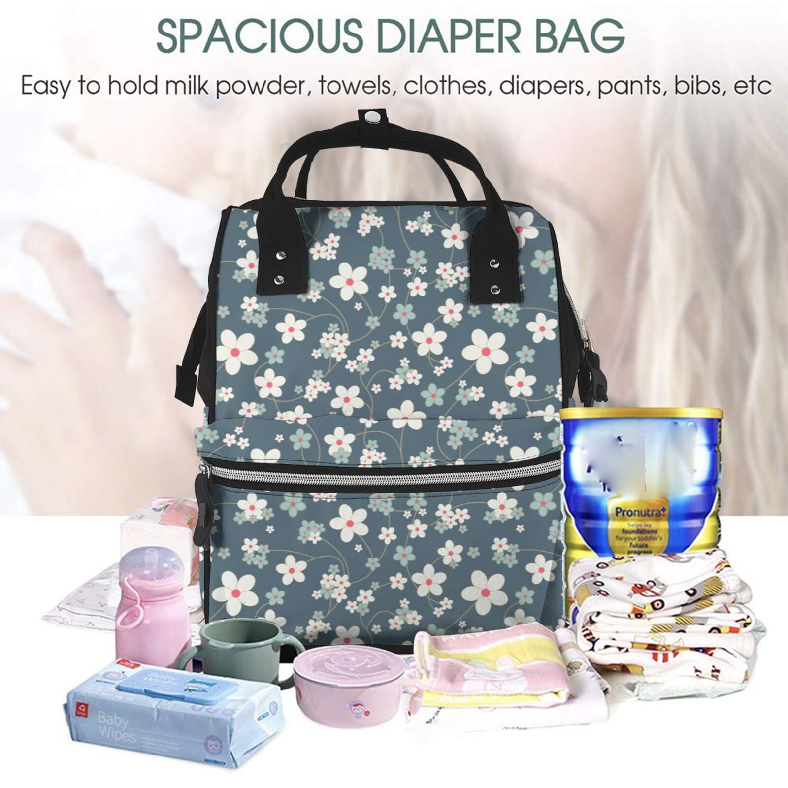 Ratiio Blue Flower Mummy Backpack - Waterproof Twill Canvas, Large Capacity Diaper Bag with Multiple Pockets and Adjustable Straps