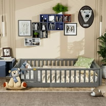 Miniyam Full Size Toddler Floor Bed with Fence, Gray