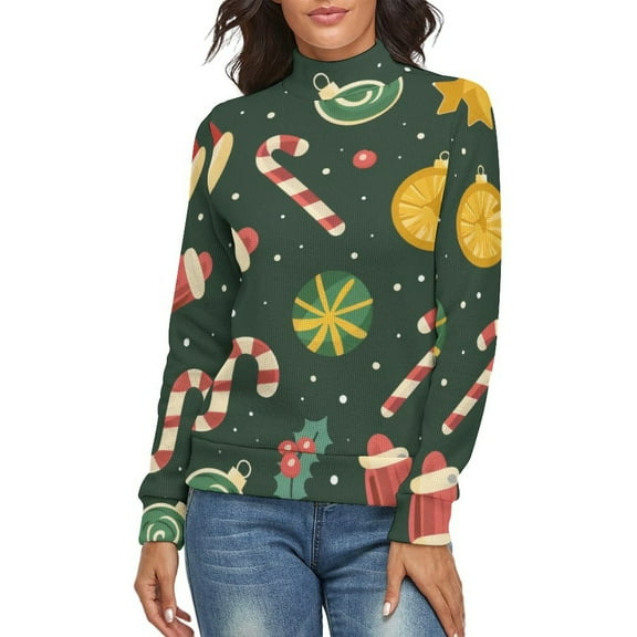Christmas Candy Pattern Women's Turtleneck Sweater Long Sleeve Ribbed Fitted Turtle Neck Casual Fall Winter Collection Top S