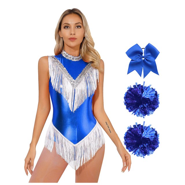 Haitryli Women Shiny Metallic Cheer Leader Uniform Costume Stage Performance Cheerleading Outfits Blue S
