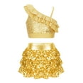 thumbnail image 1 of Runhomal Children Girls Sequin Asymmetrical Shoulder Ruffle Ballet Dance Crop Top with Skirt Shorts Set Performance Dance Costume Gold 14, 1 of 5