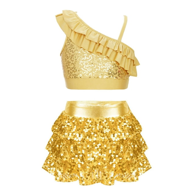 Runhomal Children Girls Sequin Asymmetrical Shoulder Ruffle Ballet Dance Crop Top with Skirt Shorts Set Performance Dance Costume Gold 14