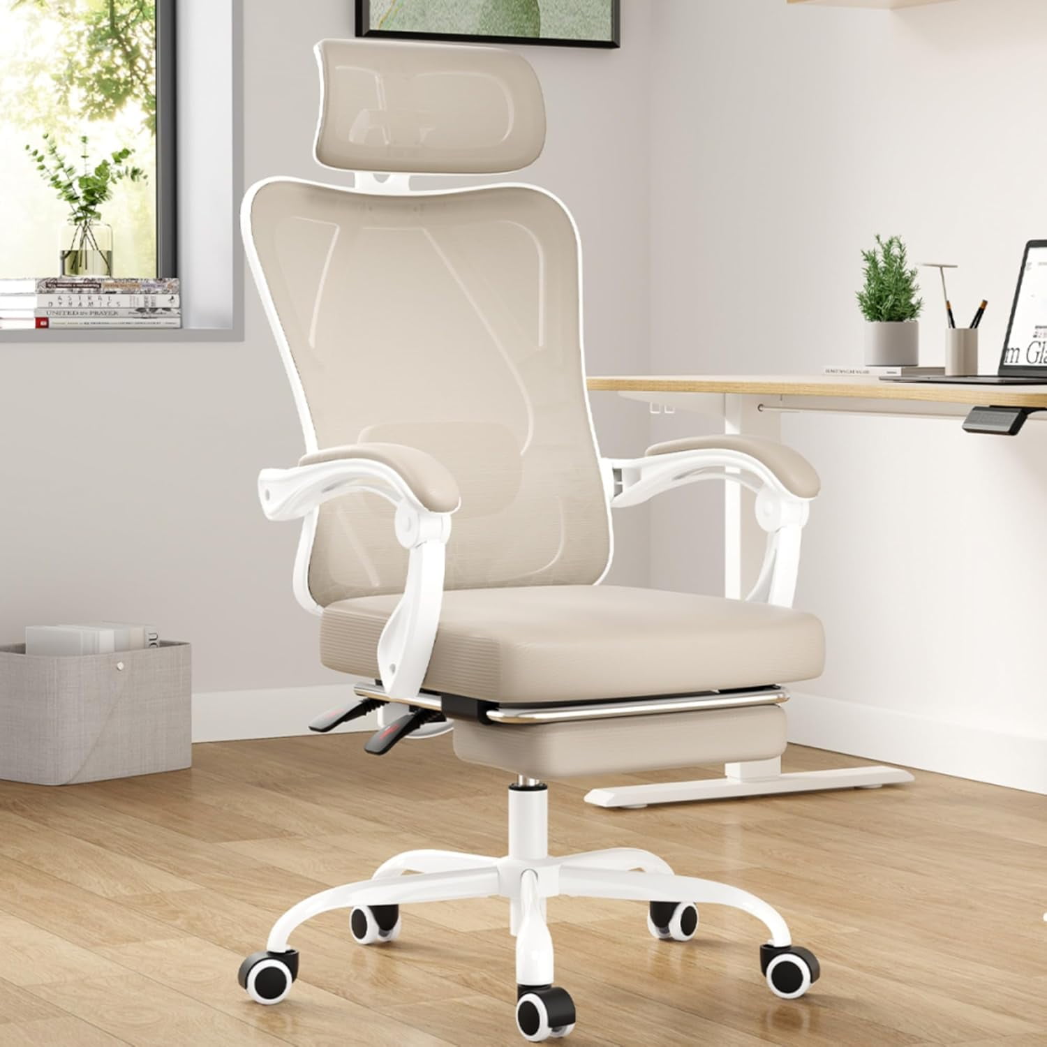 BISHE Ergonomic Office Chair with Footrest & Adjustable Headrest, Reclining Computer Chair with Customizable Lumbar Support, Breathable Mesh Back & Seat, 360° Swivel Wheels, Khaki