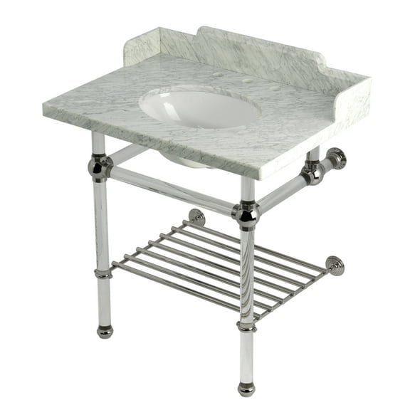 Kingston Brass LMS3030MAB6 Pemberton 30" Carrara Marble Console Sink with Acrylic Legs and Shelf (8-Inch, 3-Hole), Carrara Marble White/Polished Nickel