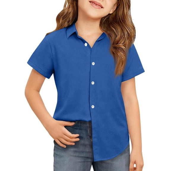 OIOLOYJM Girls Short Sleeve Dress Shirts Kids Spring Summer Cozy Soft School Uniform Casual Button Down Lapel Collared Shirt Blue 12-13 Year