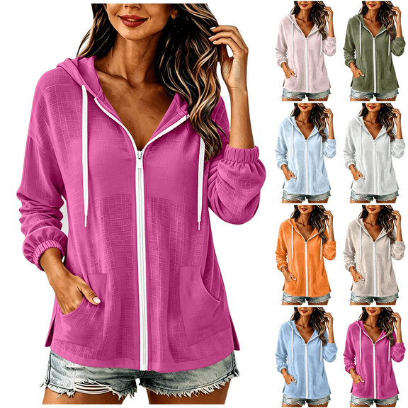 Zeijnsda Womens Summer Shirts Lightweight Cotton Linen Long-Sleeved Blouse Women's Zipper Hooded Sun Jackets Solid Color Casual Outdoors Pockets Coat