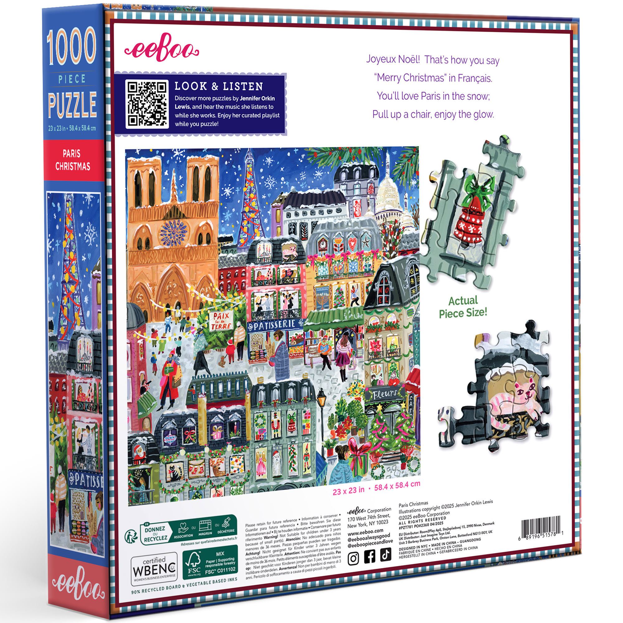 eeBoo Piece & Love: Paris Christmas - 1000 Piece Puzzle - 23" Adult Jigsaw, Jennifer Orkin Lewis’ Festive City of Lights Holiday Scene, Eco-Friendly