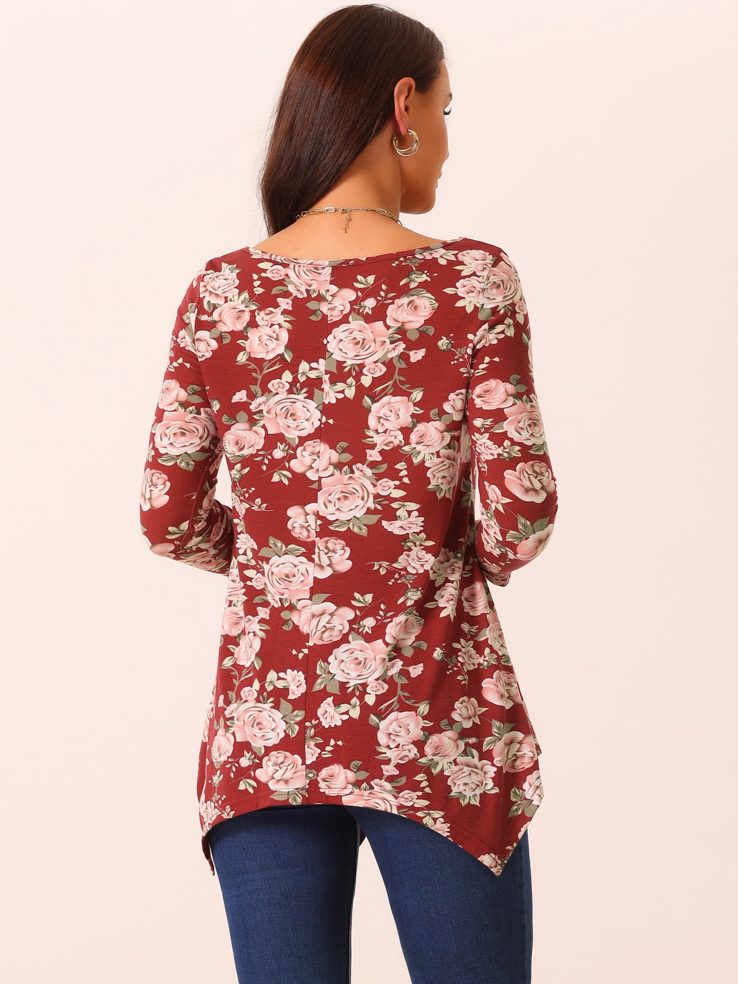 DARING DIVA Women's 3/4 Sleeve Floral Print Loose Fit Asymmetrical Hem Top Wine Red S