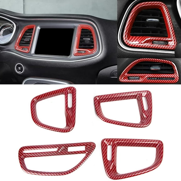 x xotic tech Center Console Air Condition Outlet Vent Trim Cover Compatible with Dodge Challenger 2015-up Interior Accessories Decoration 4Pcs/Set (Red Carbon Fiber Style)