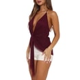 thumbnail image 2 of Women Sheer Mesh Halter Top Deep V Neck Split Hem Y2k Tank Tops Tie Back Sleeveless Flowy Camis Shirt Wine Red S, 2 of 8