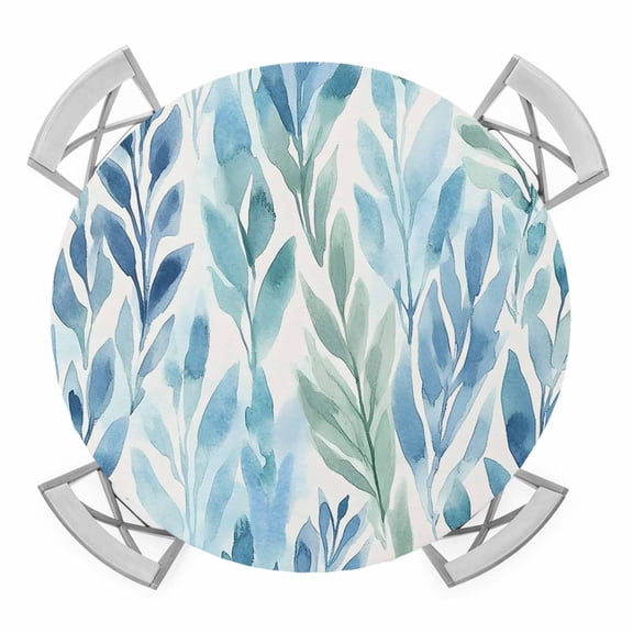 Blue Green Leaf Round Tablecloth for 55-60 Inch Tables, Fitted Table Cover with Elastic Edge, Summer Vintage Watercolor Plant Waterproof Outdoor Table Cloth Protector for Patio Garden Dinner Picnic