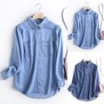 thumbnail image 4 of WREESH Womens Fashion Oversized Button Down Denim Shirt Lapel Solid Color Long Sleeve Tops Button Pocket Turndown Collar Tops Shirt Dark Blue, 4 of 4