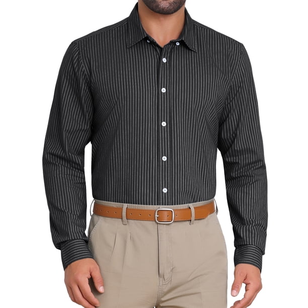 Camisas de vestir de negocios de manga larga con botones para hombres, rayas, S, negro