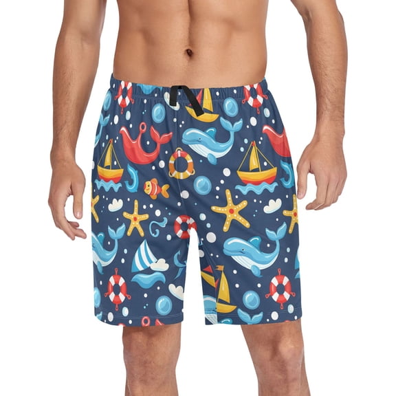 Men's Pajama Shorts Bottoms with Pockets Soft Lightweight Lounge Sleep Wear Ship Starfish Fish Lifebuoy