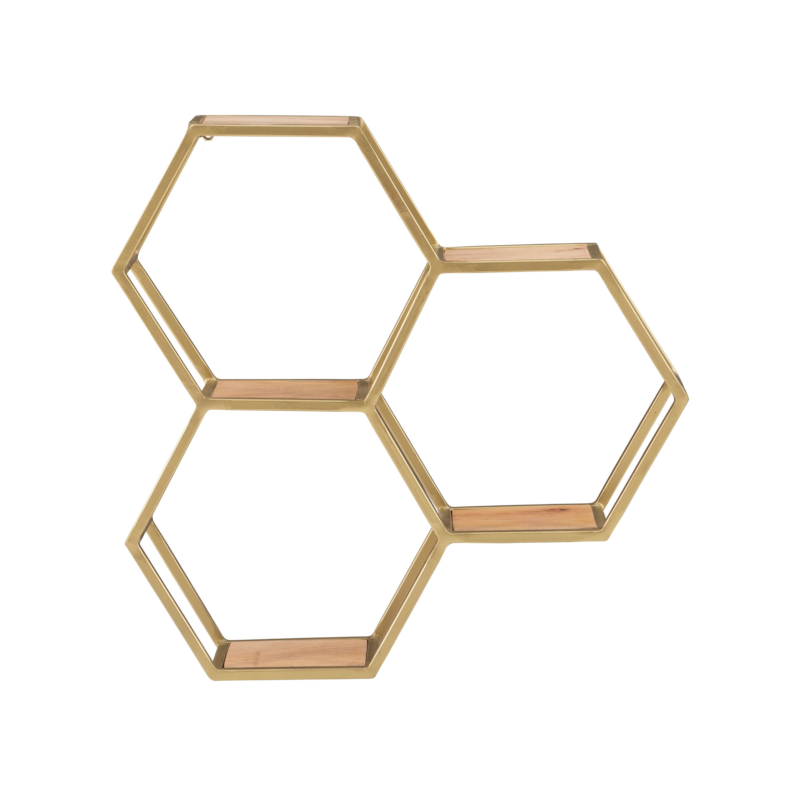 Powell Wilson 3-Compartment Honeycomb Wall Shelves, Gold Metal with Natural Mango Wood