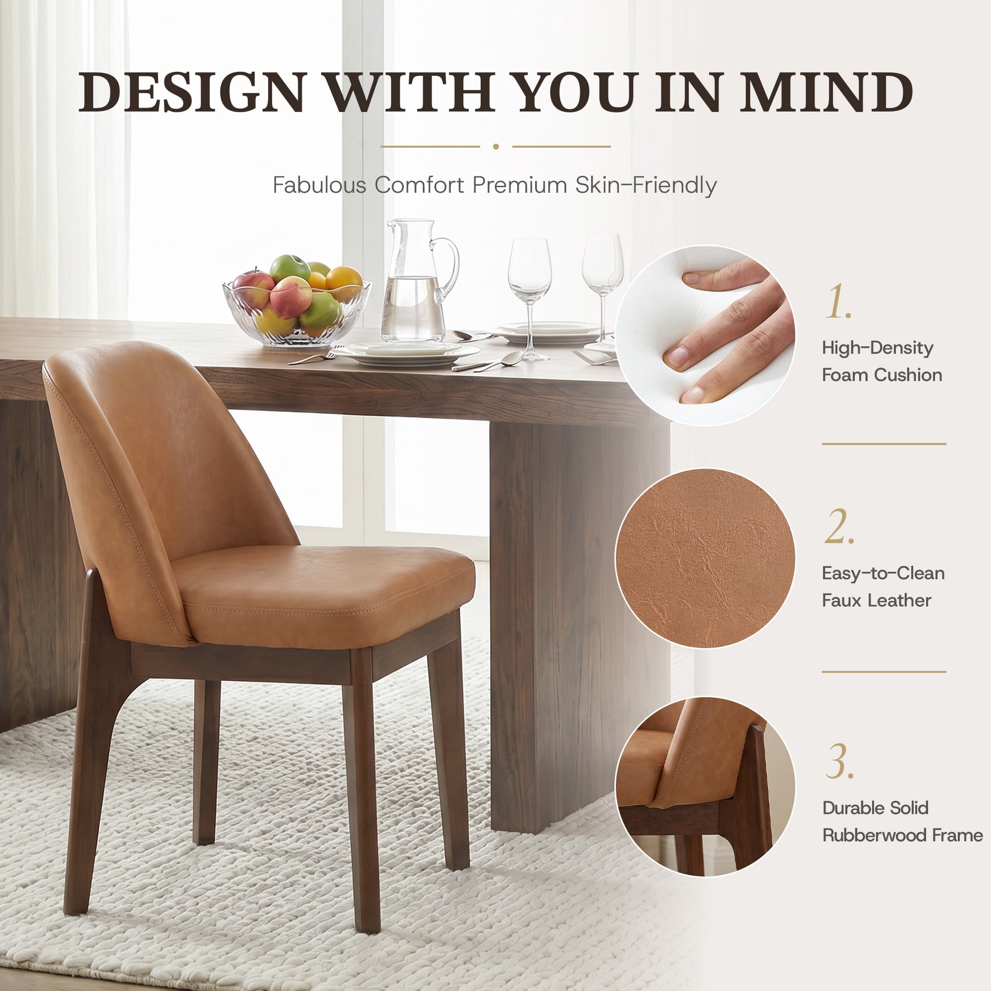 19.7" W Faux Leather Dining Chairs Set of 4, Modern Upholstered Kitchen Chairs with Solid Wood Legs, Easy Clean, Brown