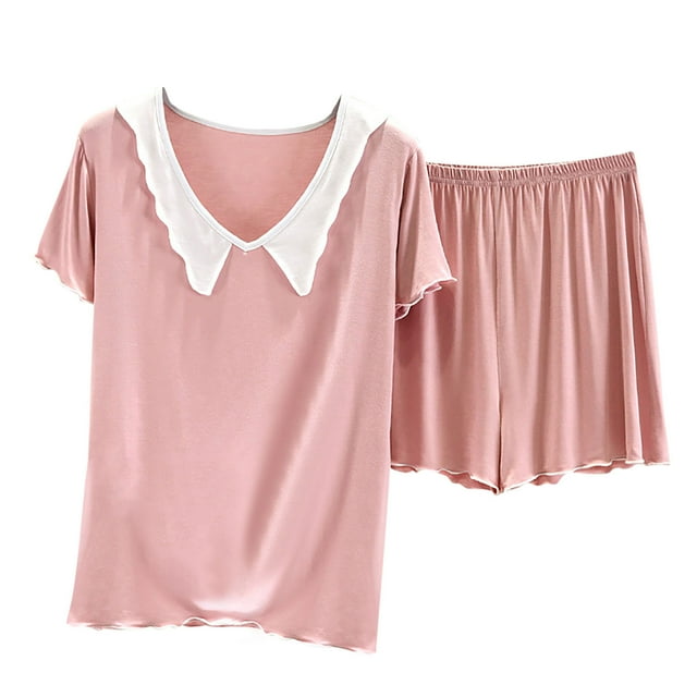 Tnhcen Girls & Women's Solid Pajama Set Ruffle Short Sleeve Lounge Set Soft Shirring Summer Sleepwear Sets L-3XL