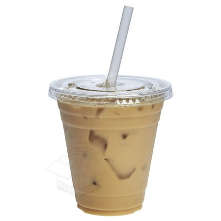 COMFY PACKAGE 100 Sets 12 oz. Plastic CRYSTAL CLEAR Cups with Flat Lids for Cold Drinks, Iced Coffee, Bubble Boba, Tea, Smoothie