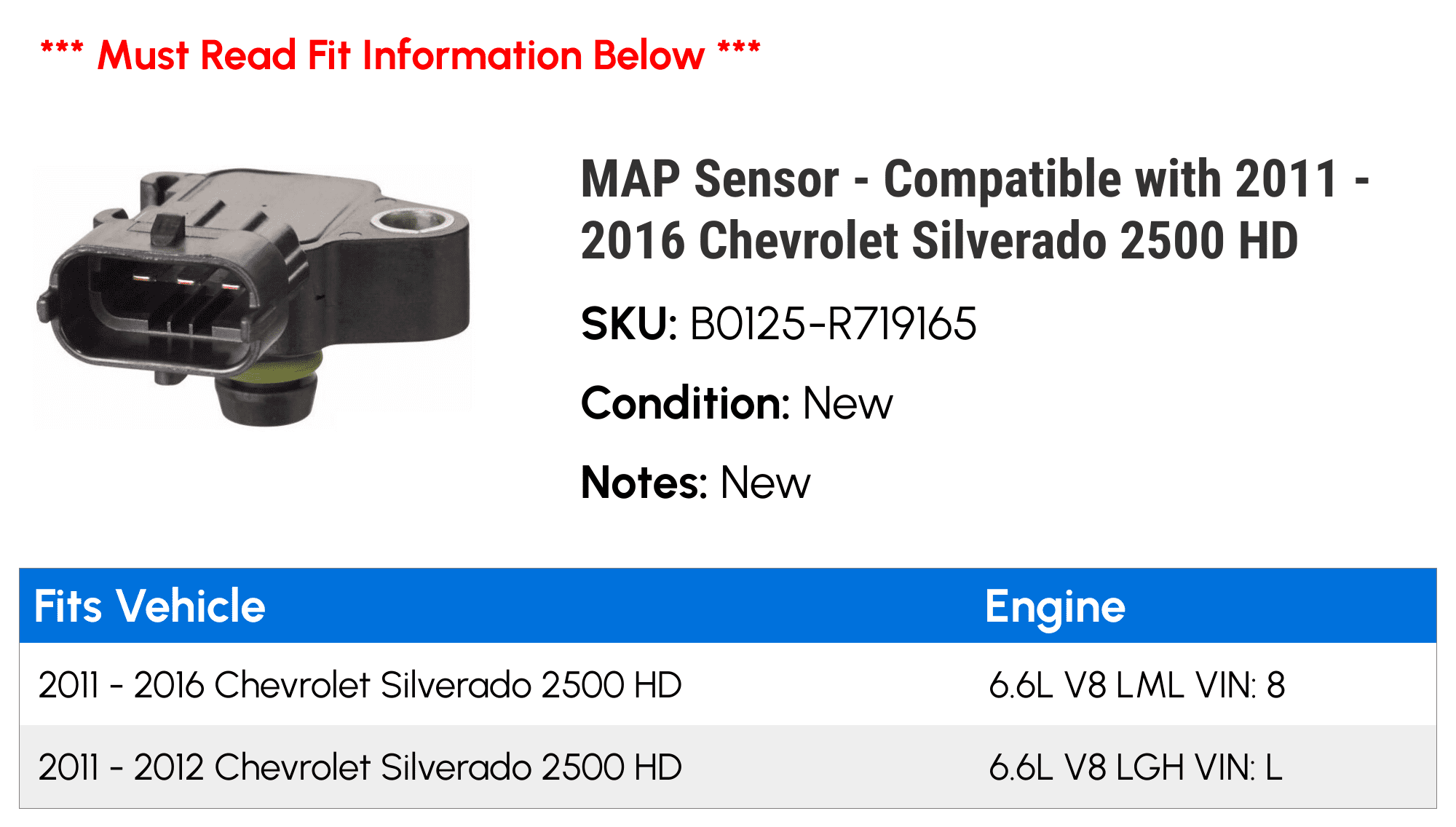 MAP Sensor - Compatible with 2011 - 2016 Chevrolet Silverado 2500 HD - AC Delco