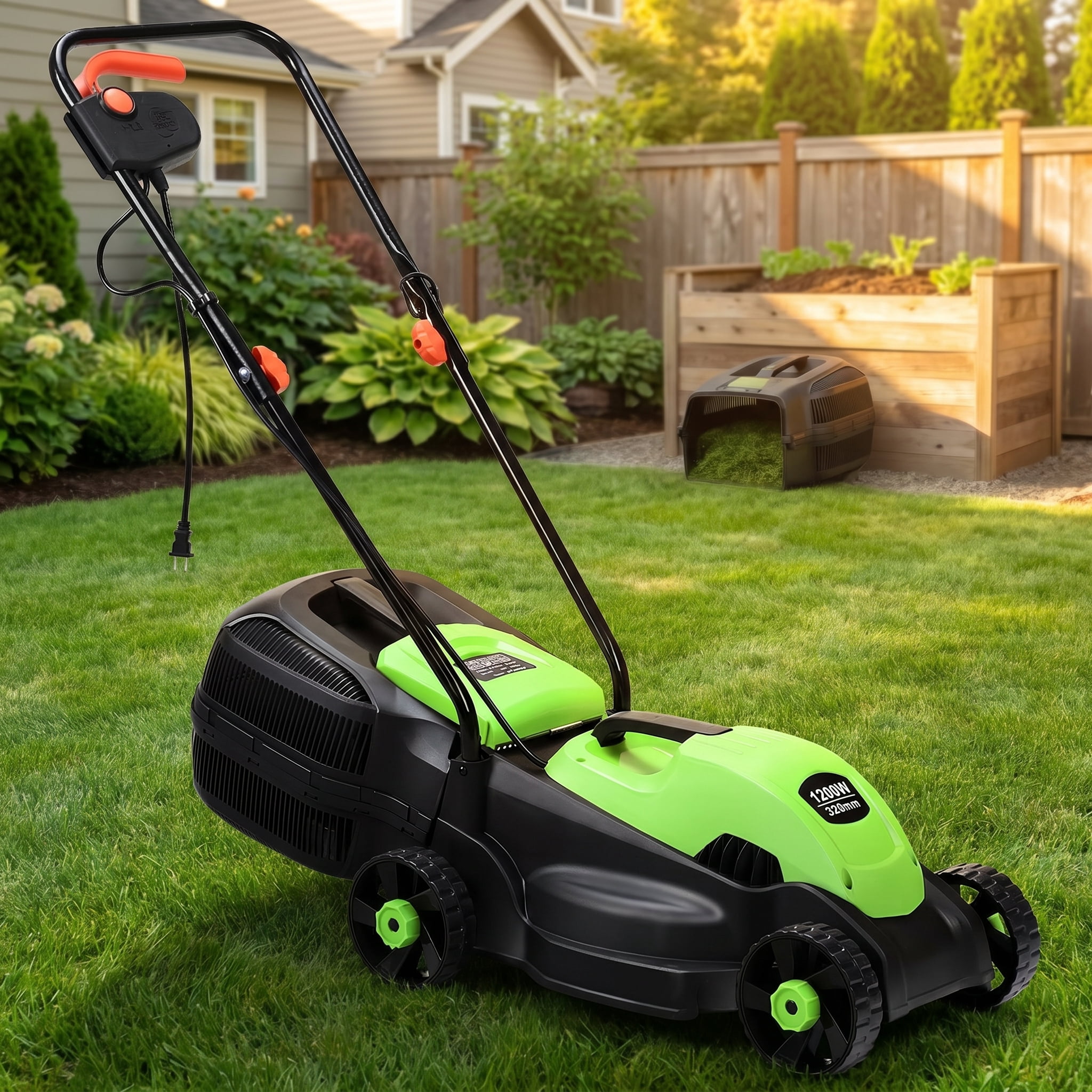 Kadyn 14 Inch 12 Amp Electric Push Corded Lawn Mower with 30L Grass Bag, 3 Adjustable Cutting Heights, Foldable Handle, One-Touch Start, Green