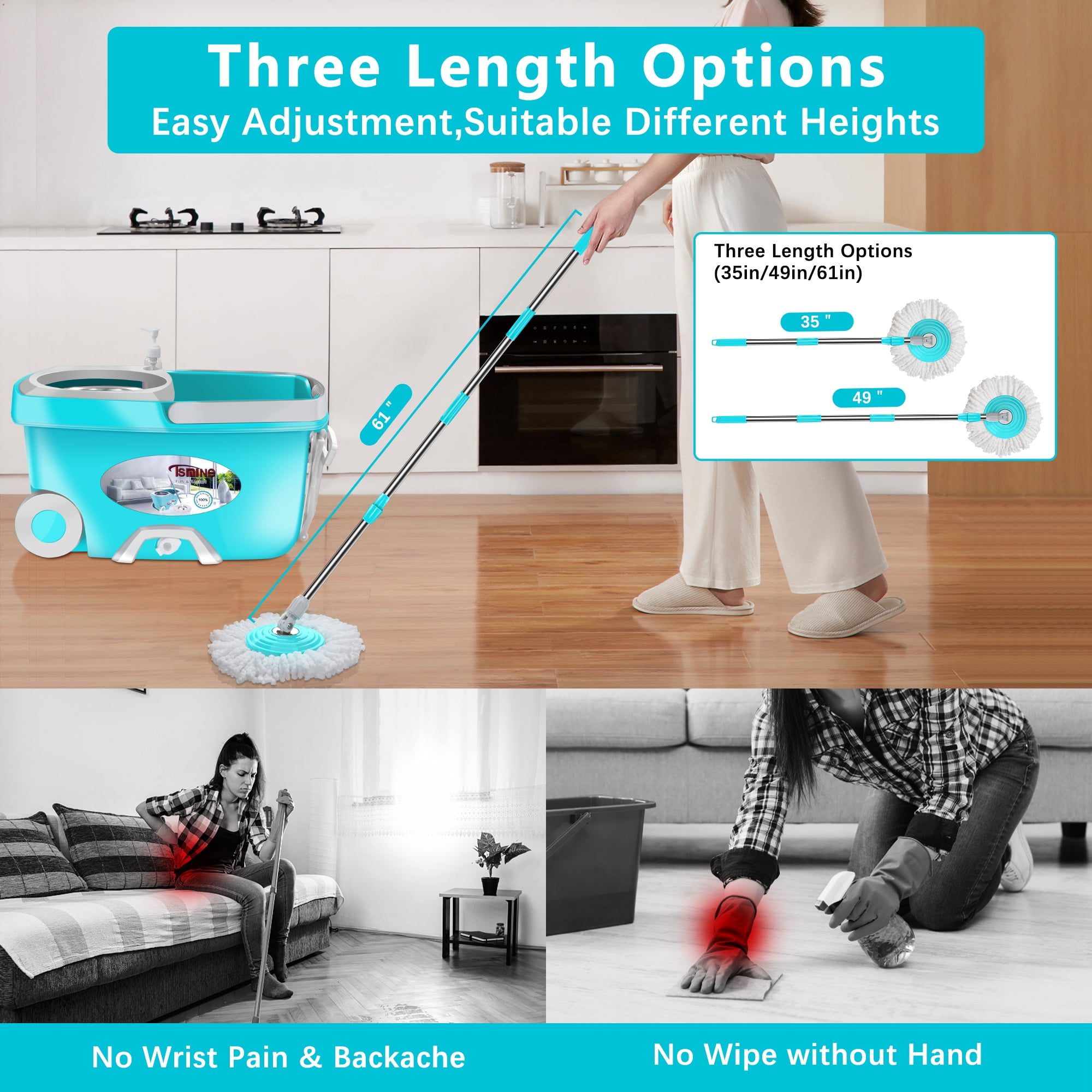 Spin Mop Bucket System Stainless Steel , Tsmine Spinning Mop Bucket Floor Cleaning System with 6 Microfiber Replacement Head Refills,61"Extended Handle, 2x Wheel for Home Cleaning - MINT
