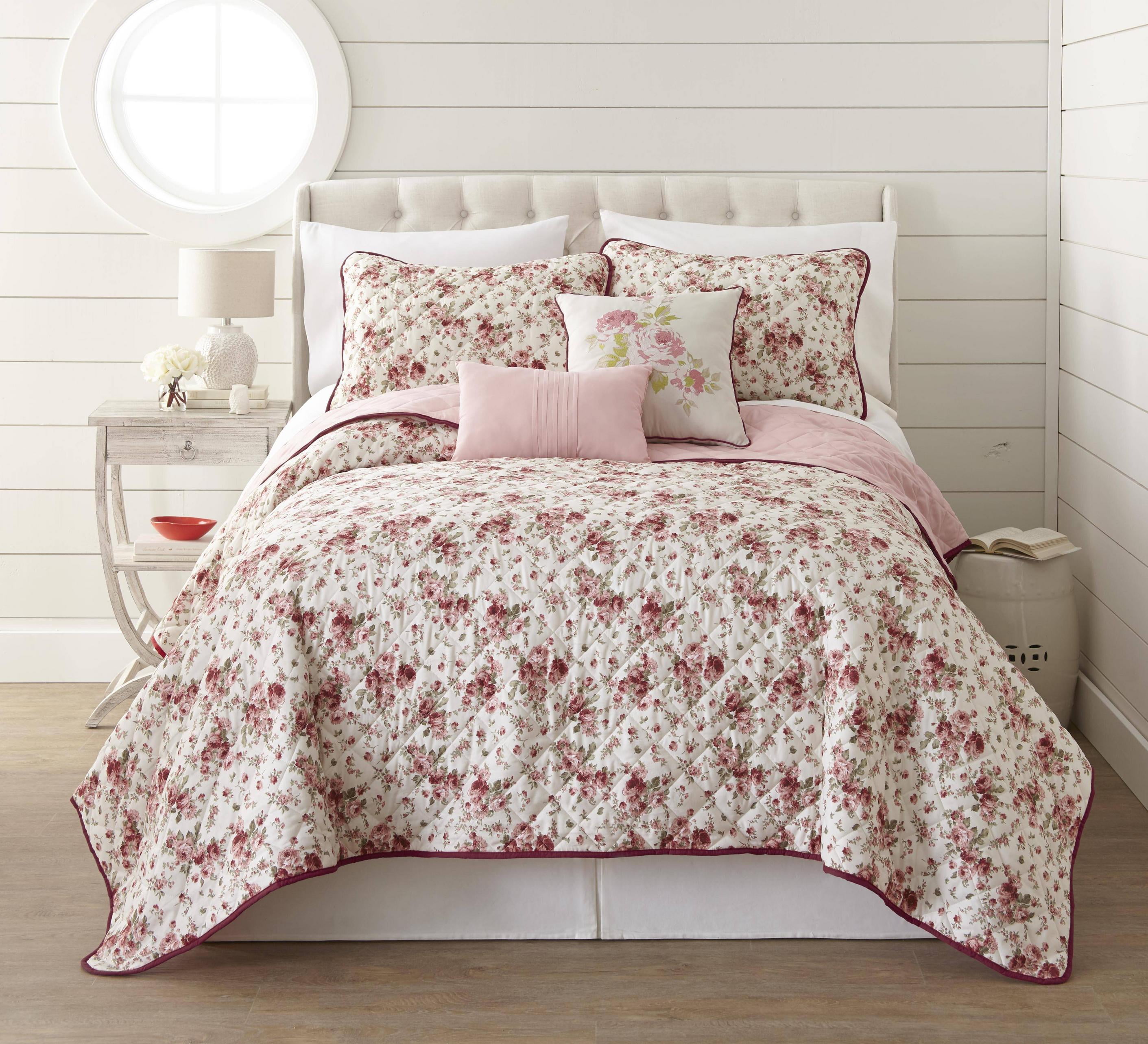 6 Piece Abigail Floral Mint//Blush//White Quilt Set Full//Queen