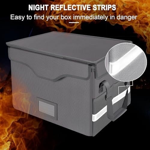 Fireproof Document Box with Lock,File Storage Organizer with Zipper Pockets,Collapsible Portable File Box Home Office Safe Filing Cabinet with Handle for Hanging Letter/Legal Folder,Silver